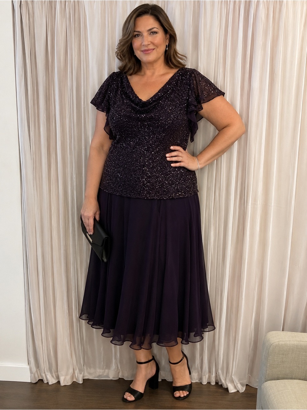 J Kara Deep Purple Sequin Formal Gown